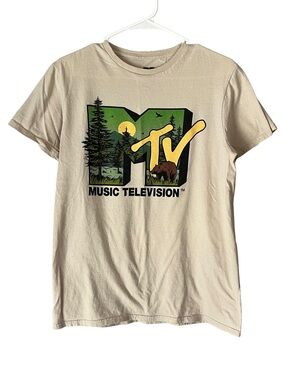 MTV Music Television Graphic Tee - Beige with Green & Yellow Logo size medium